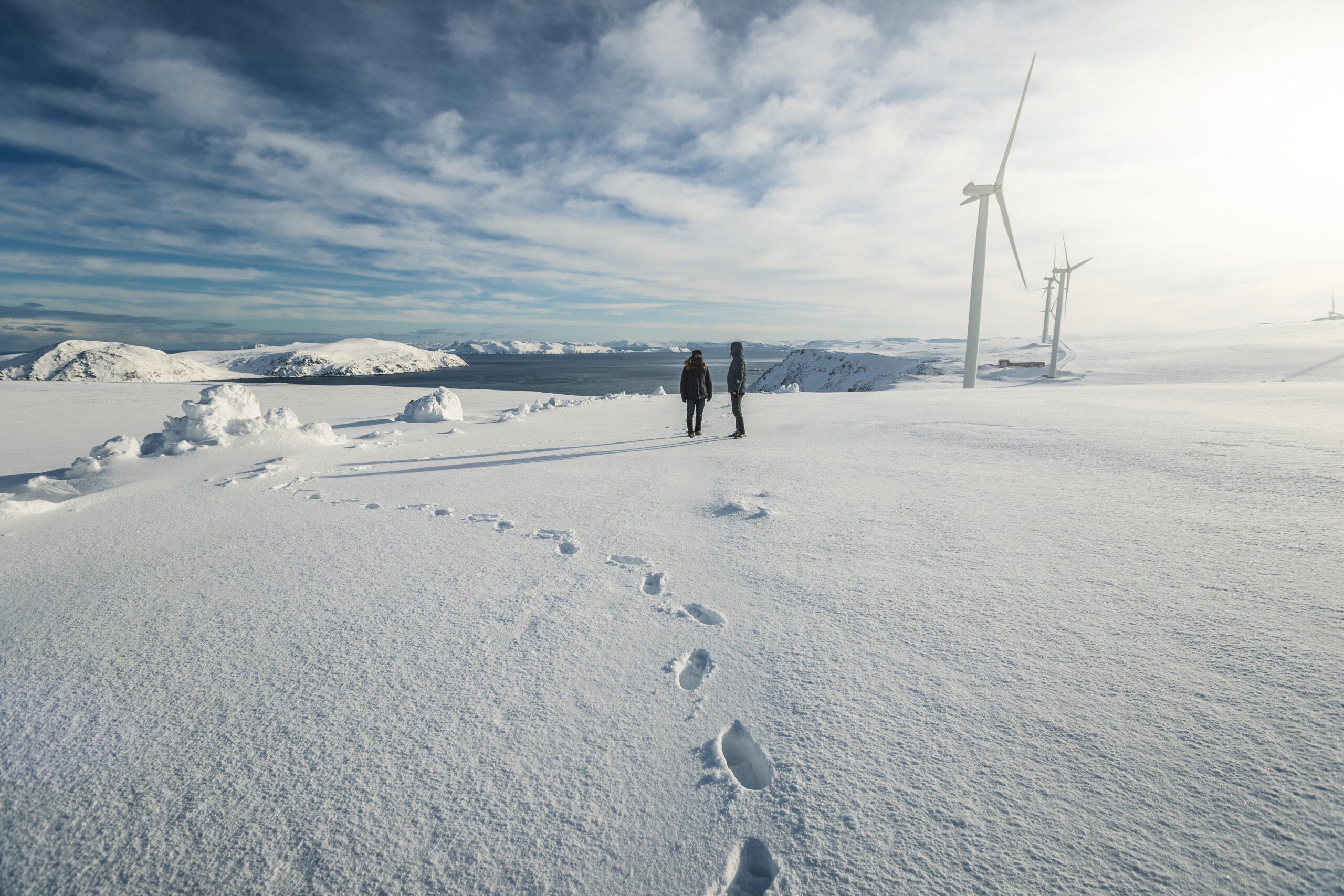 Eolic turbines for wind power industry: technicians doing maintenance